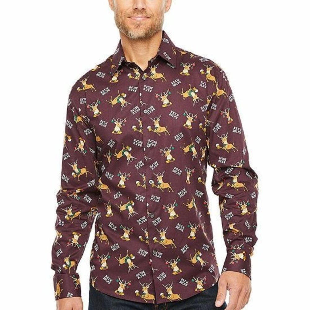 North Pole Trading Sz. 2XLT Christmas Brew Dolph Print Collared L/S Shirt NEW